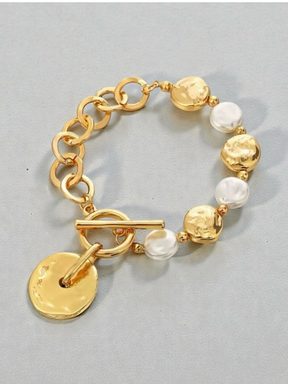 NEW Chunky Link Bracelet 18K Plated Pearls Toggle Clasp Round Charm Glam